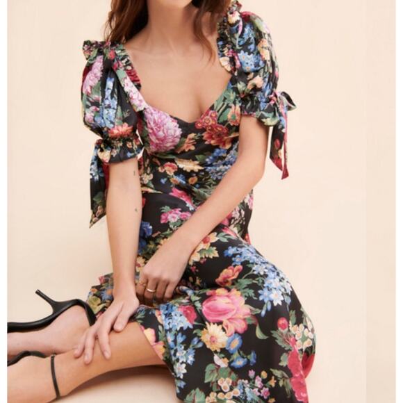 Selkie The Puck Poet 100% Silk Multicolor Floral Sweetheart Puff Sleeve Dress - Picture 3 of 11